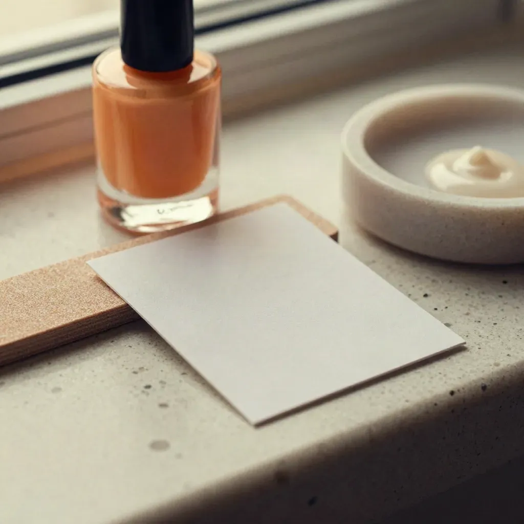 Macro of salon deal card, glass nail polish bottle, emery board and stone dish on travertine.