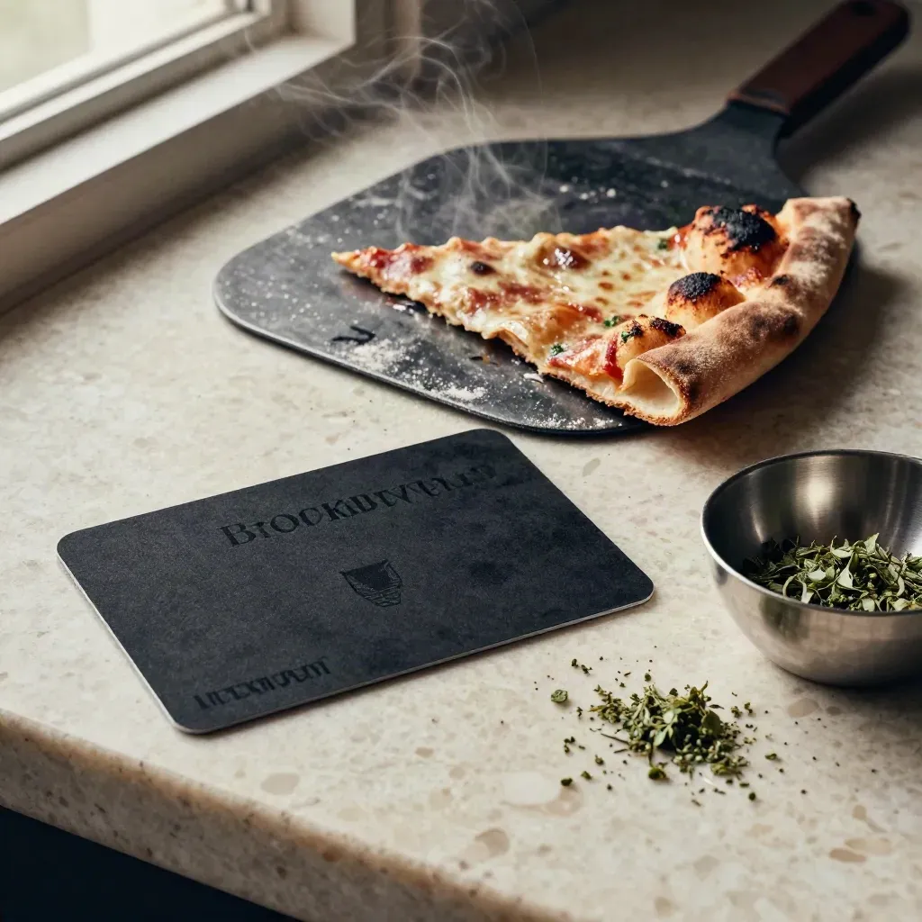 Pizza voucher card with slice, peel, and herbs on pale stone, softly lit in studio.