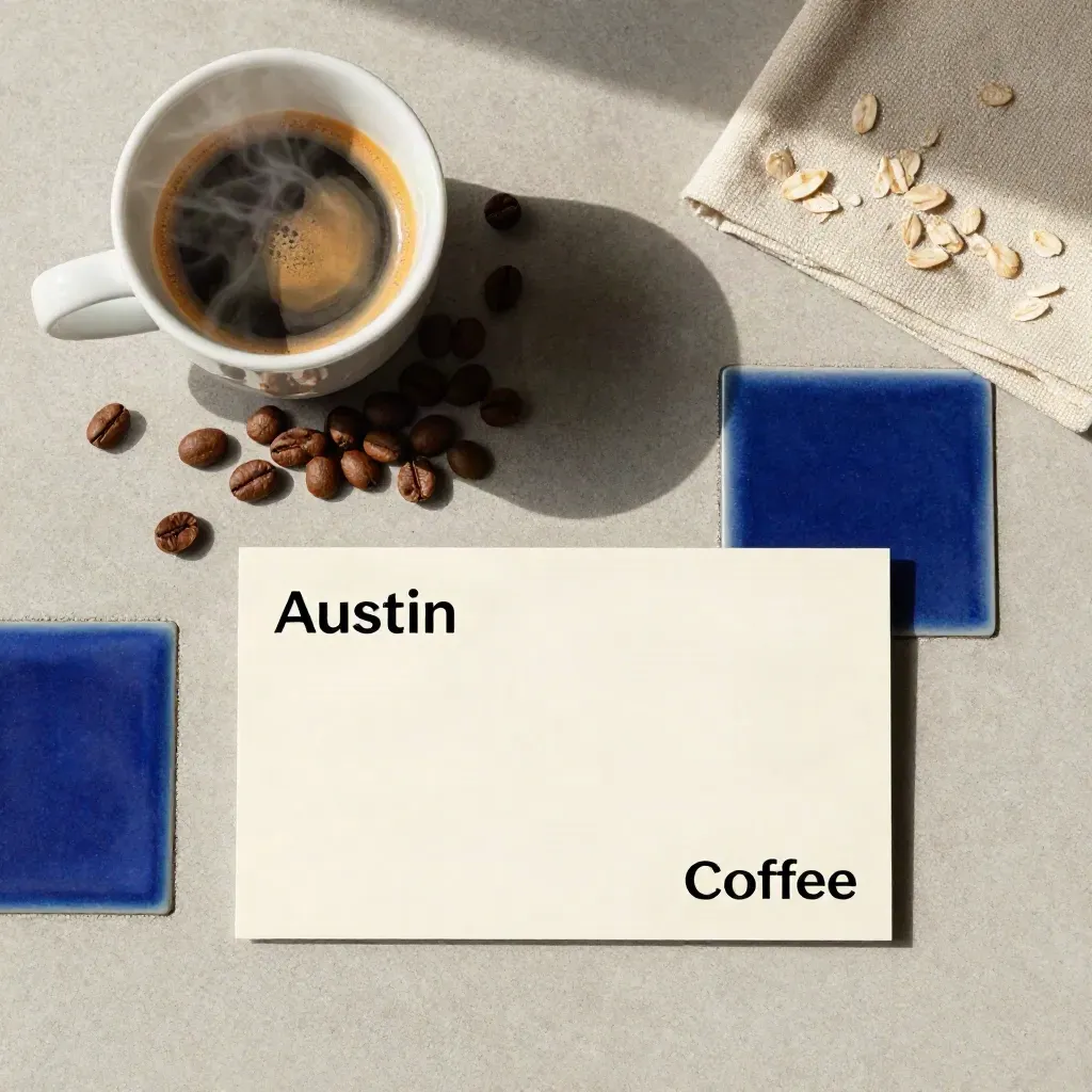 Overhead flatlay of coffee card, porcelain cup, beans, and cloth coaster on pale concrete.