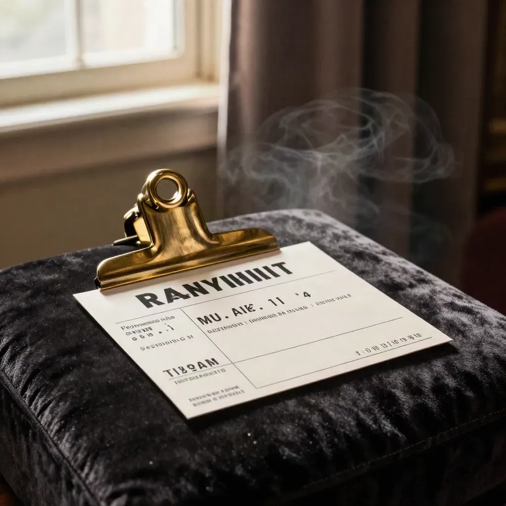 Show ticket card on velvet with brass clip and stage-light glow in a smoky theater setting