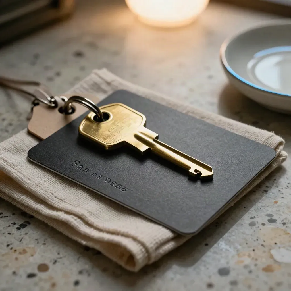 Close-up of a hotel night card, brass key, linen and ceramic dish on travertine.
