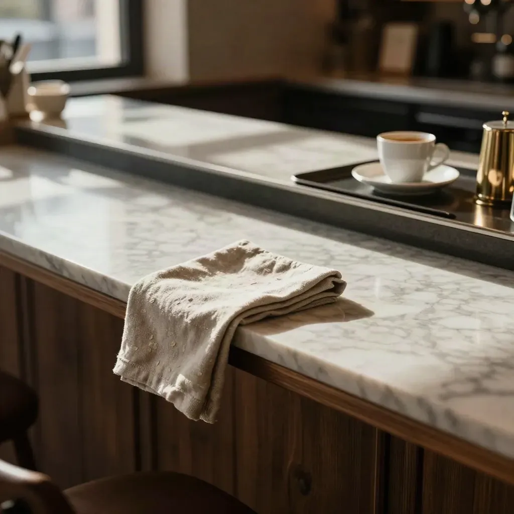 Marble restaurant counter with folded napkin and blurred cafe corner in warm daylight.