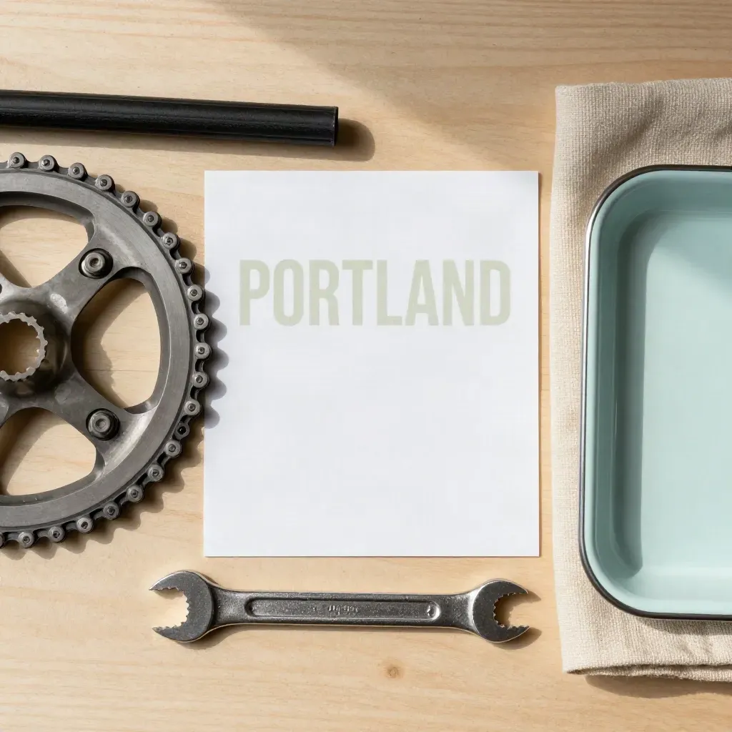 Bike tune-up card with chainring, inner tube, rag, wrench, and mint tray on pale wood