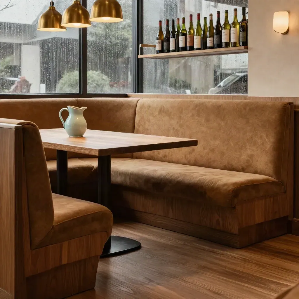 Warm timber dining nook with banquette, pendant lights, rain-softened glass, and calm copy space