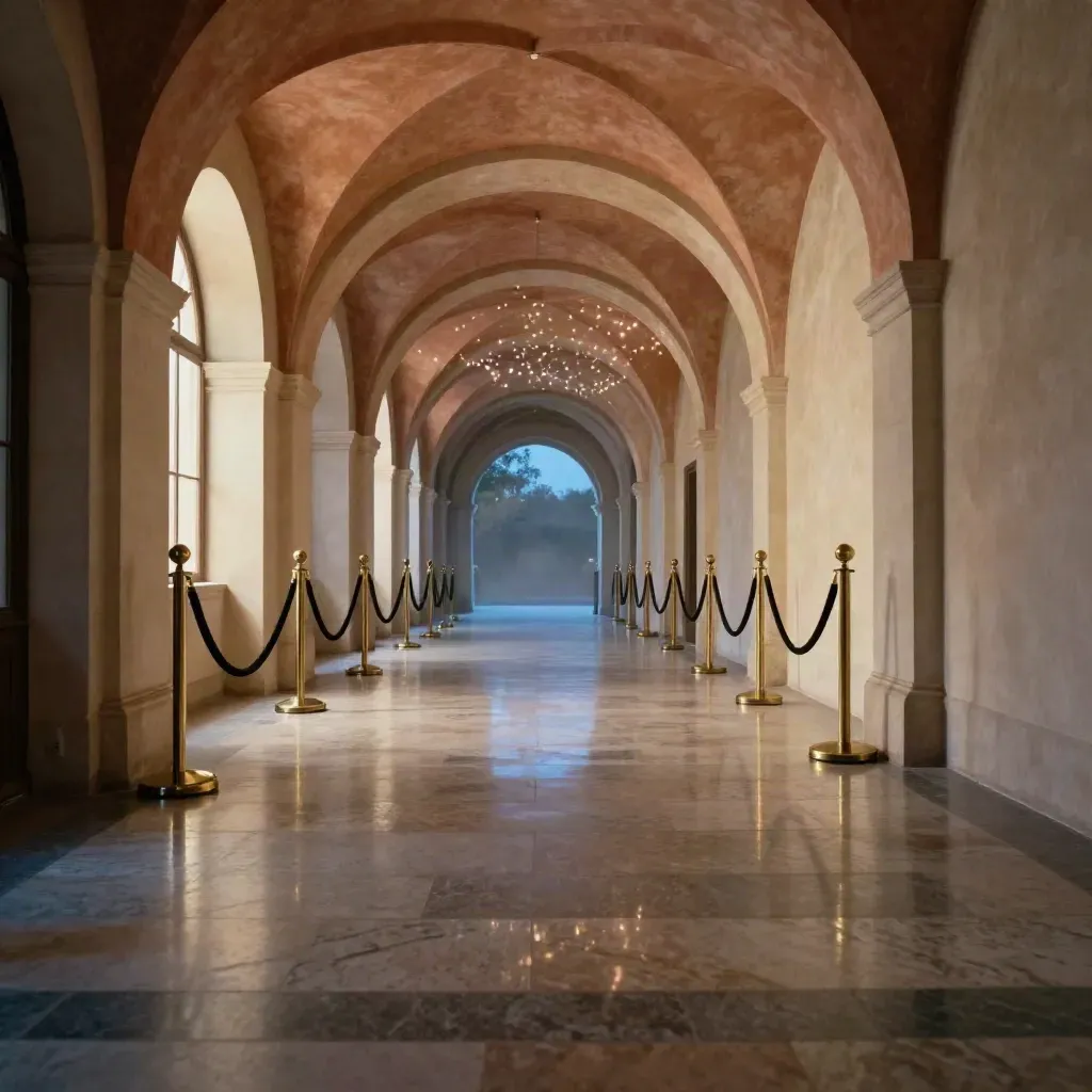 Arched venue corridor at blue hour with stone floor, warm string lights, and calm reflective space.