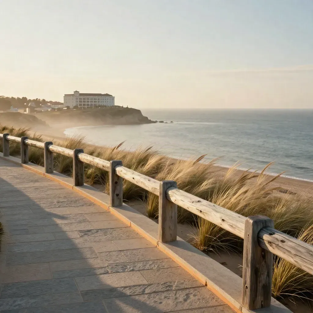 Coastal overlook with rail, pale grass, and distant hotel in golden sunset haze.