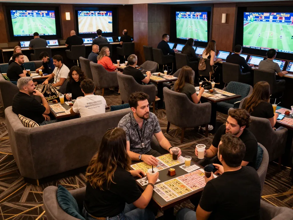 Experience thrilling sports betting at Fabet with lively patrons engaging in games and strategies.