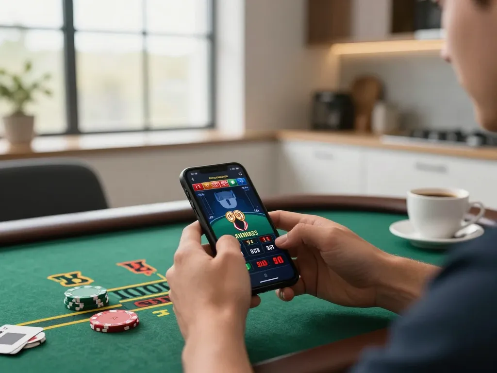 Bluepha mobile gambler playing blackjack on smartphone with strategic focus.