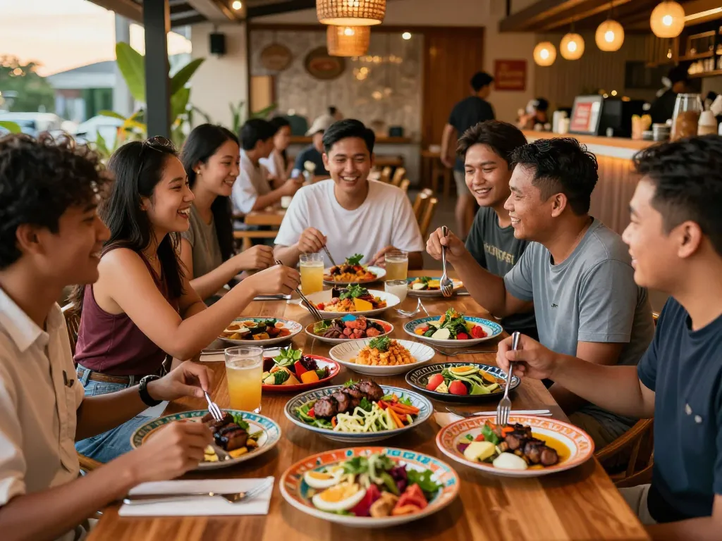 Diverse group enjoying meals at POKERSERI restaurant, featuring vibrant dishes and lively atmosphere.