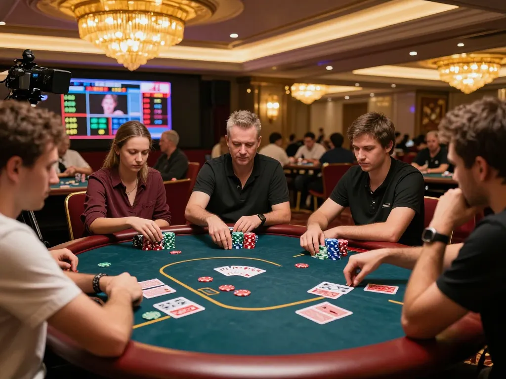 Players engaging in intense poker action at tg88 casino, warm lighting and luxury ambiance highlighted.