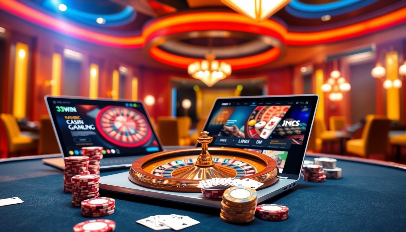 Engage with nhà cái 33win at a luxurious casino table featuring poker chips and a roulette wheel.