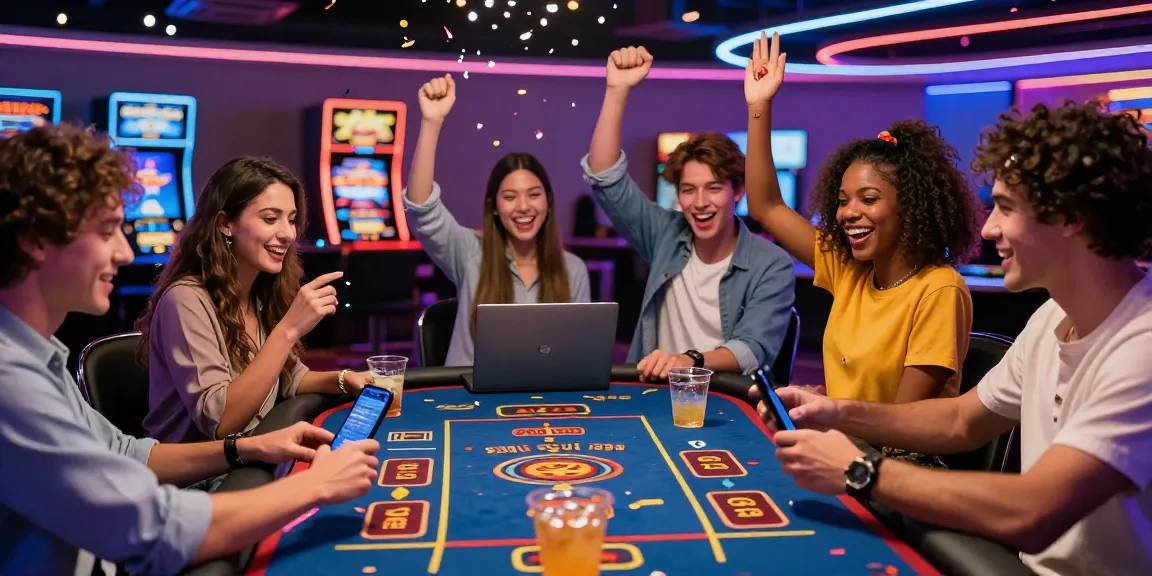 Exciting scene of friends celebrating wins at the best casinos for credit cards in a vibrant online casino setting.