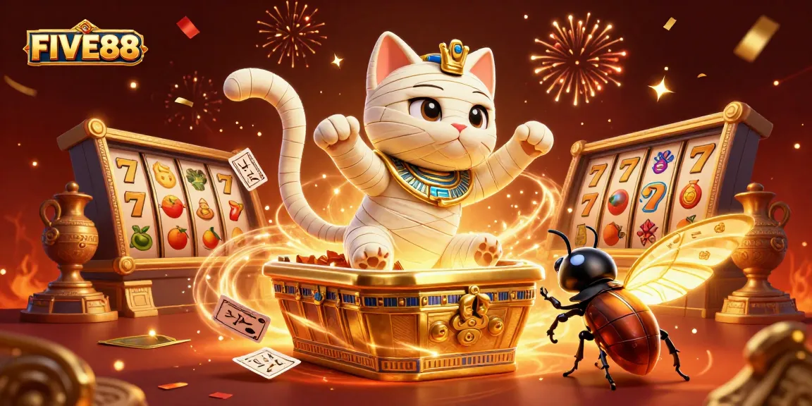 Play exciting slot games and win at FIVE88 with vibrant Egyptian-themed 3D casino illustration.