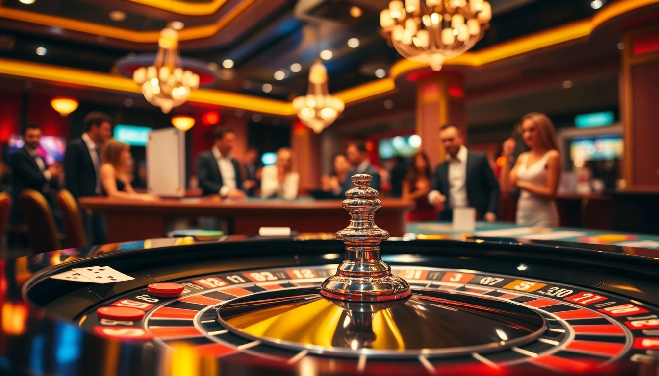 Permainan roulette interwin yang menarik di kasino dengan banyak pemain aktif.