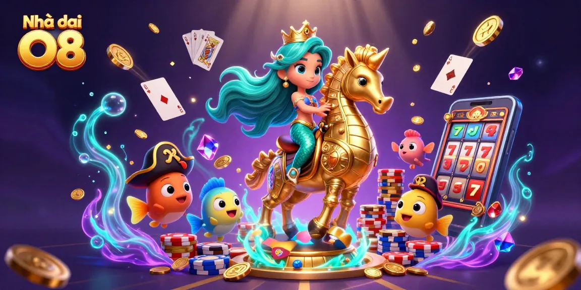 Engage with Nhà cái O8's dynamic gaming scene filled with mermaids, gold coins, and vibrant casino elements.