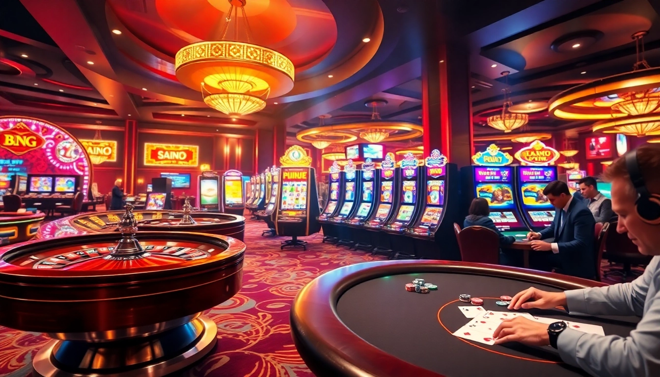 A vibrant online gambling scene at https://luck882.co.com/ showcasing slot machines and roulette wheels for an exciting experience.