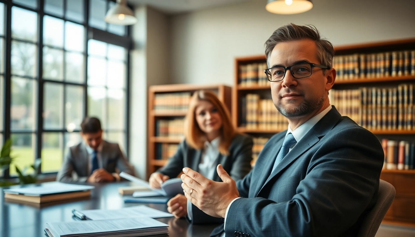 Consultation scene with a New Hampshire Immigration Lawyer helping clients in an office environment.