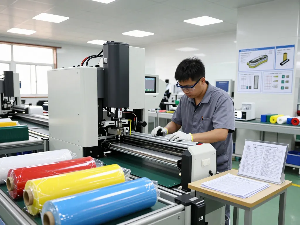 Technician performing bóc ép dẻo in a modern plastic packaging facility with advanced machinery and colorful materials.