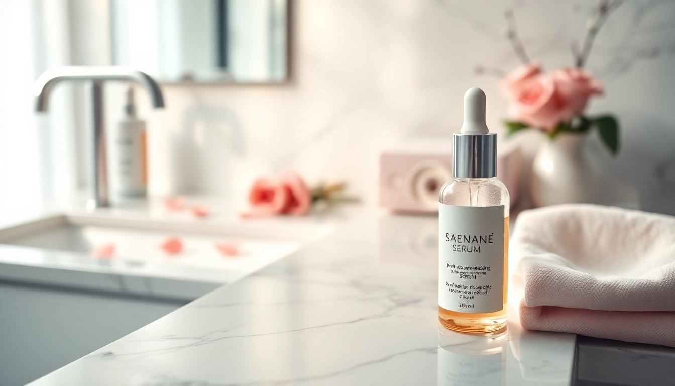 Showcase the best microneedling serum alongside elegant skincare accessories in a bright setting.