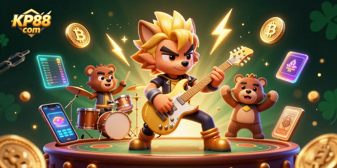 Experience thrilling gameplay at KP88 com with a vibrant 3D casino illustration featuring card games and crypto elements.