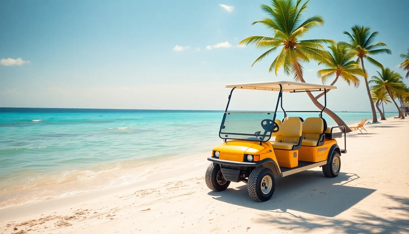 Golf Cart Rental San Pedro Belize offers a vibrant golf cart on a beautiful sandy beach