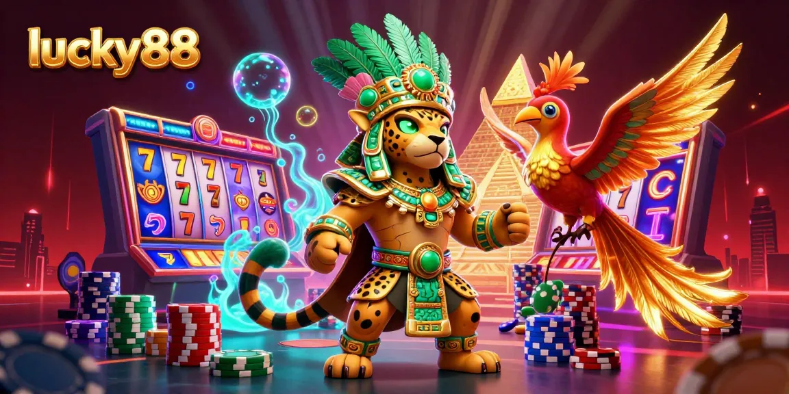 Spin and win at lucky88 with vibrant slot reels, a Mayan jaguar priest, and golden jackpot symbols.