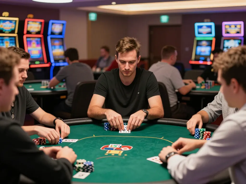 Players strategizing and betting during an intense poker game at 8xbet casino, vibrant atmosphere.