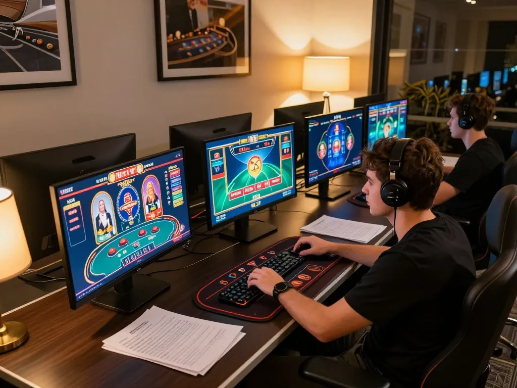 Engaging online gaming setup for the best widget store, showcasing strategy notes and casino games.