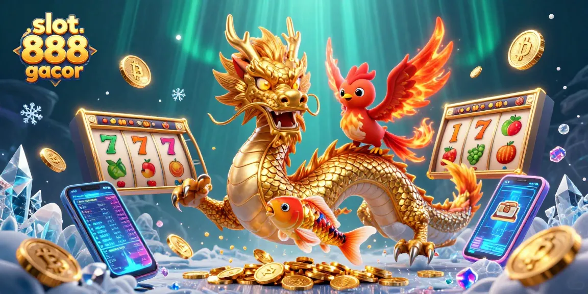 Explore slot 888 gacor with a vibrant scene featuring a dragon, phoenix, and koi fish amidst cascading slot elements.