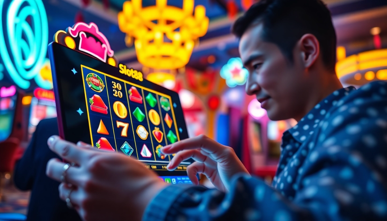 Berinteraksi dengan permainan slot88 yang menampilkan simbol berwarna-warni dan antusiasme pemain.