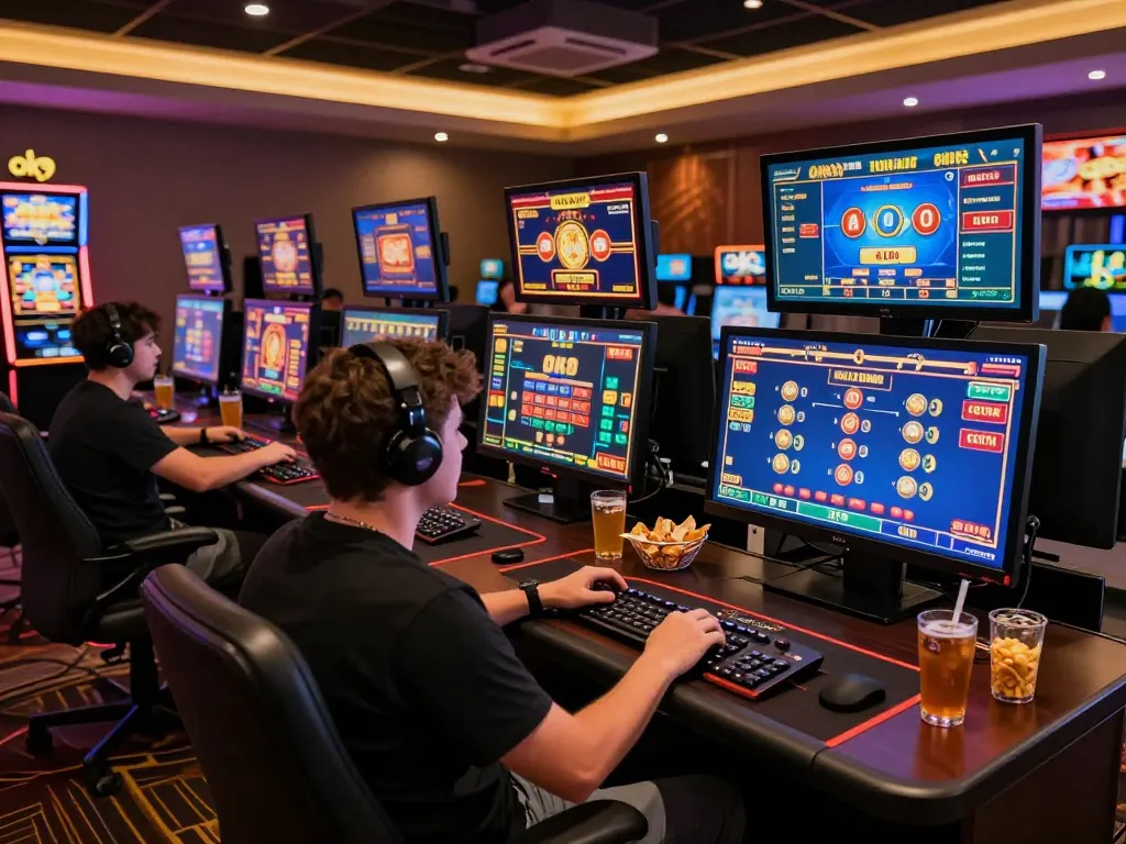 Engaged player using Ok9 online casino app on multiple screens during vibrant gaming session.