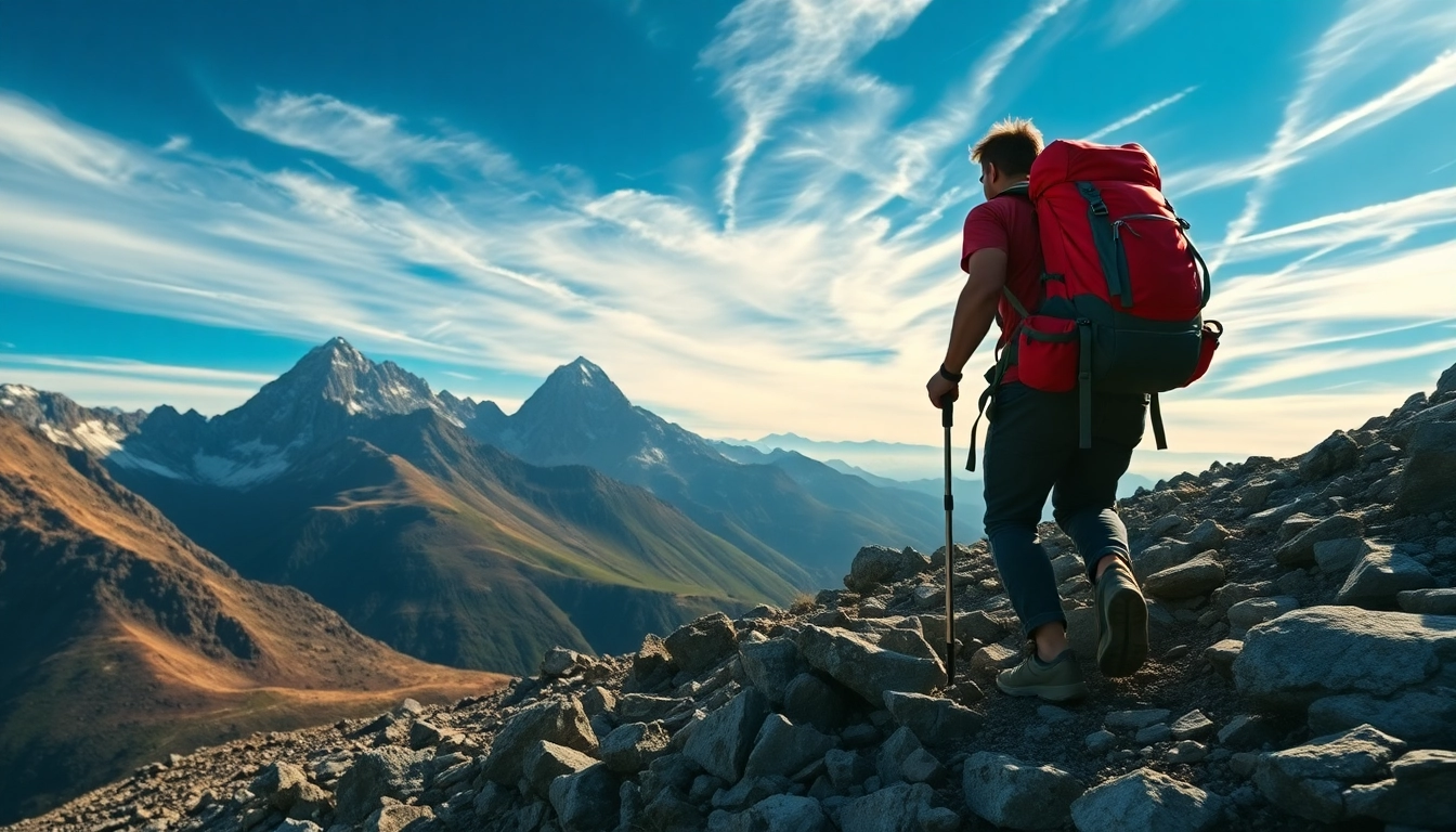 Showcasing best mountain backpacks for hiking, adventurer treks through rugged terrain.