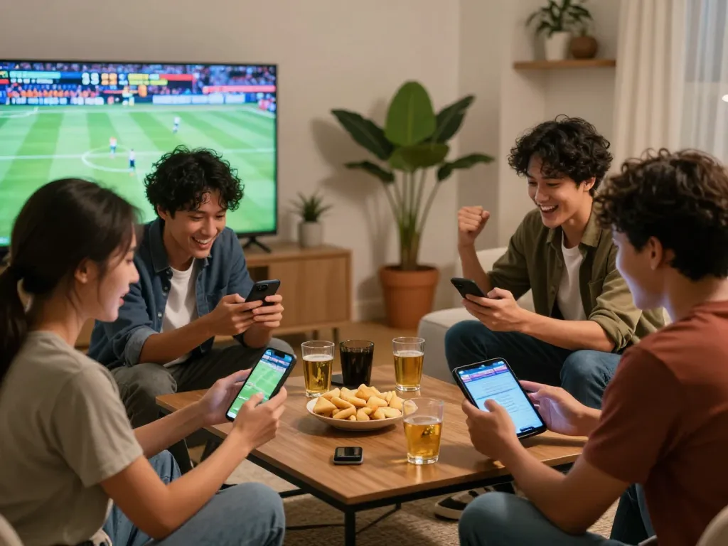 Friends enjoying sports betting at home with hubet88, smartphone displays live sports events.
