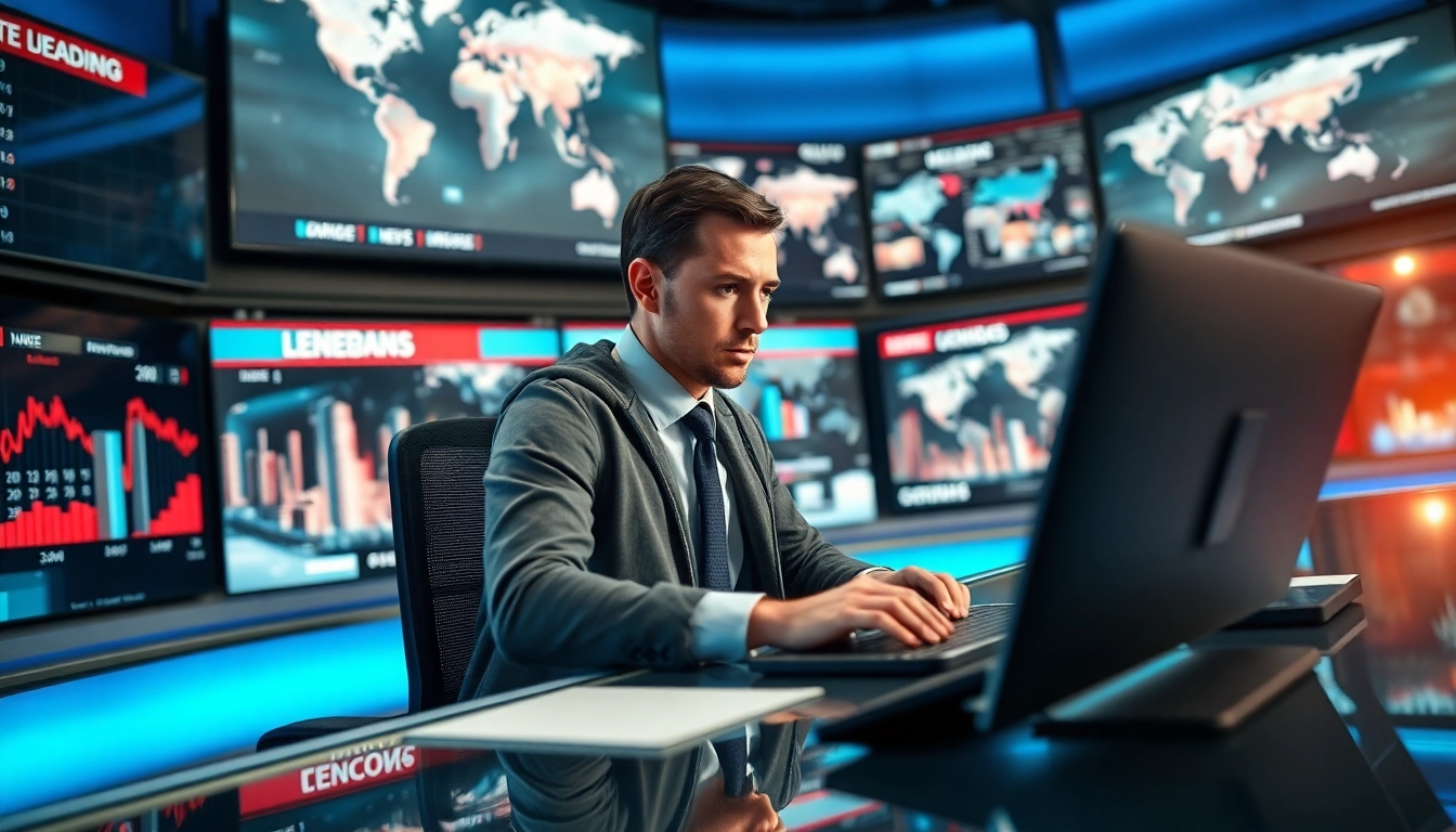 Engaging news environment featuring a focused journalist amidst dynamic news displays.