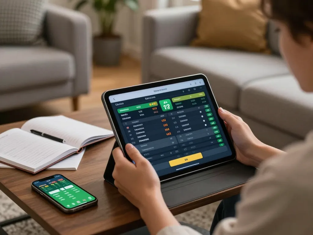 Soi keo truc tuyen using a tablet at home to analyze sports betting odds actively.