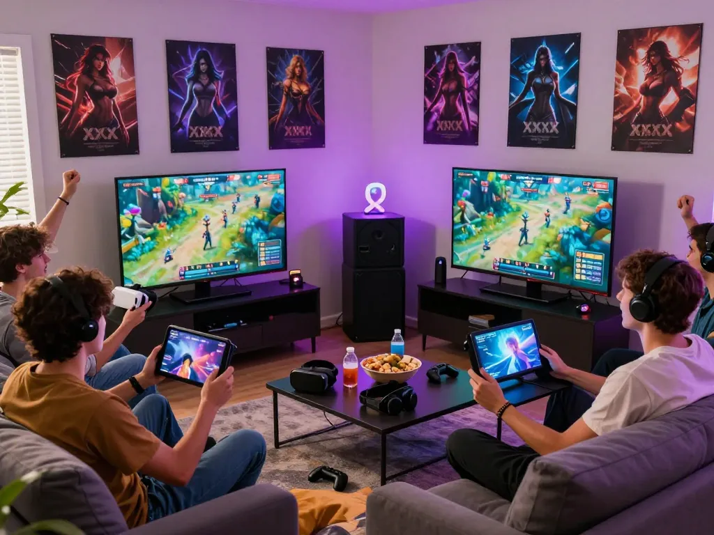 Friends enjoying an xxx game night with snacks, VR headsets, and colorful lights.