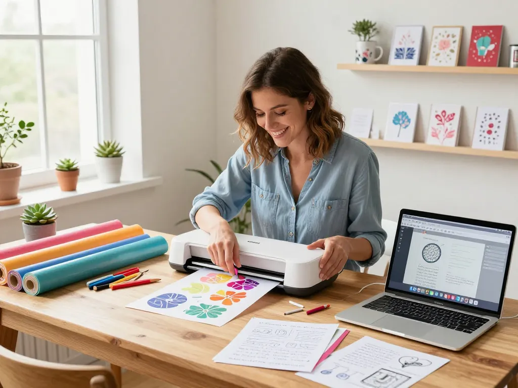 Cricut crafting scene with a woman using a cutting machine and colorful materials.