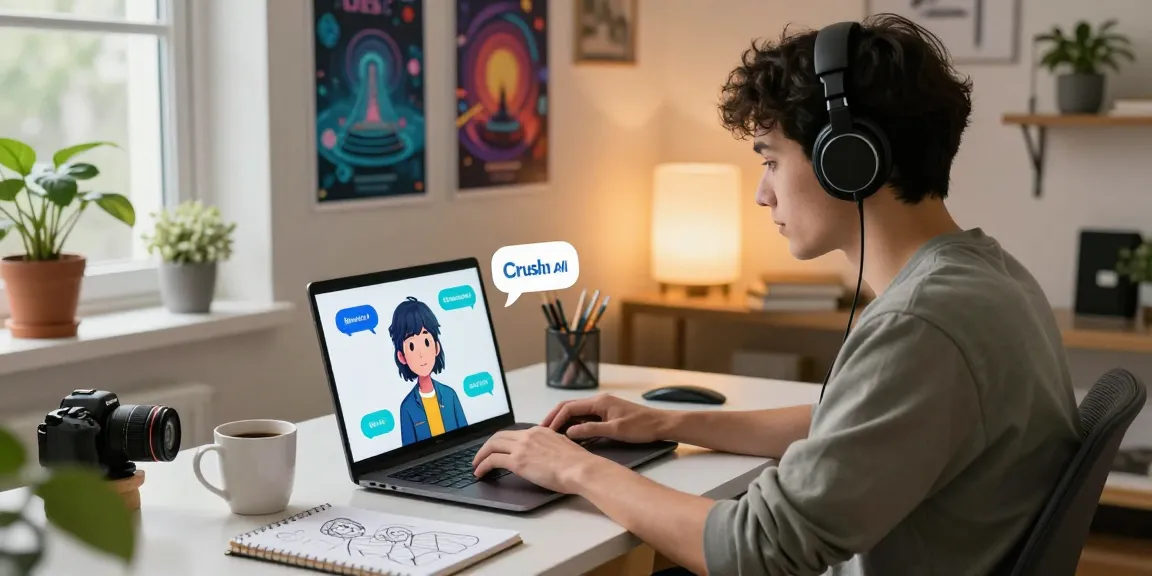 Enjoy vibrant chat interactions with Crush on AI in a cozy home office.
