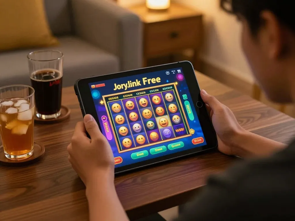 Engaging in online gaming with Joy.link free credit, vibrant slots displaying on tablet in cozy home setting