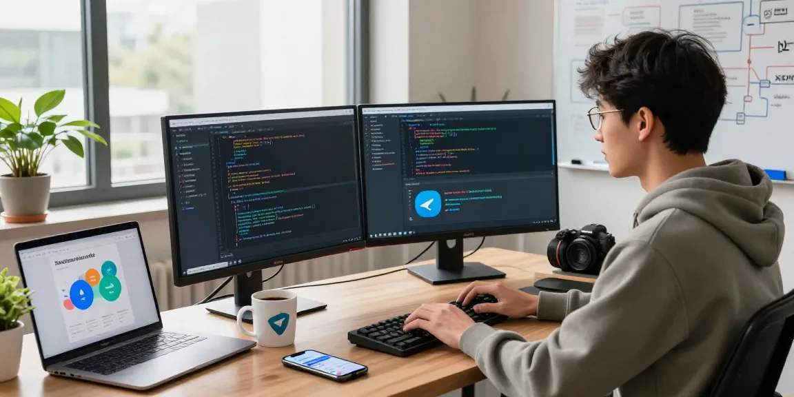 Developer coding in a modern workspace featuring the 纸飞机中文版官网 interface on screens.