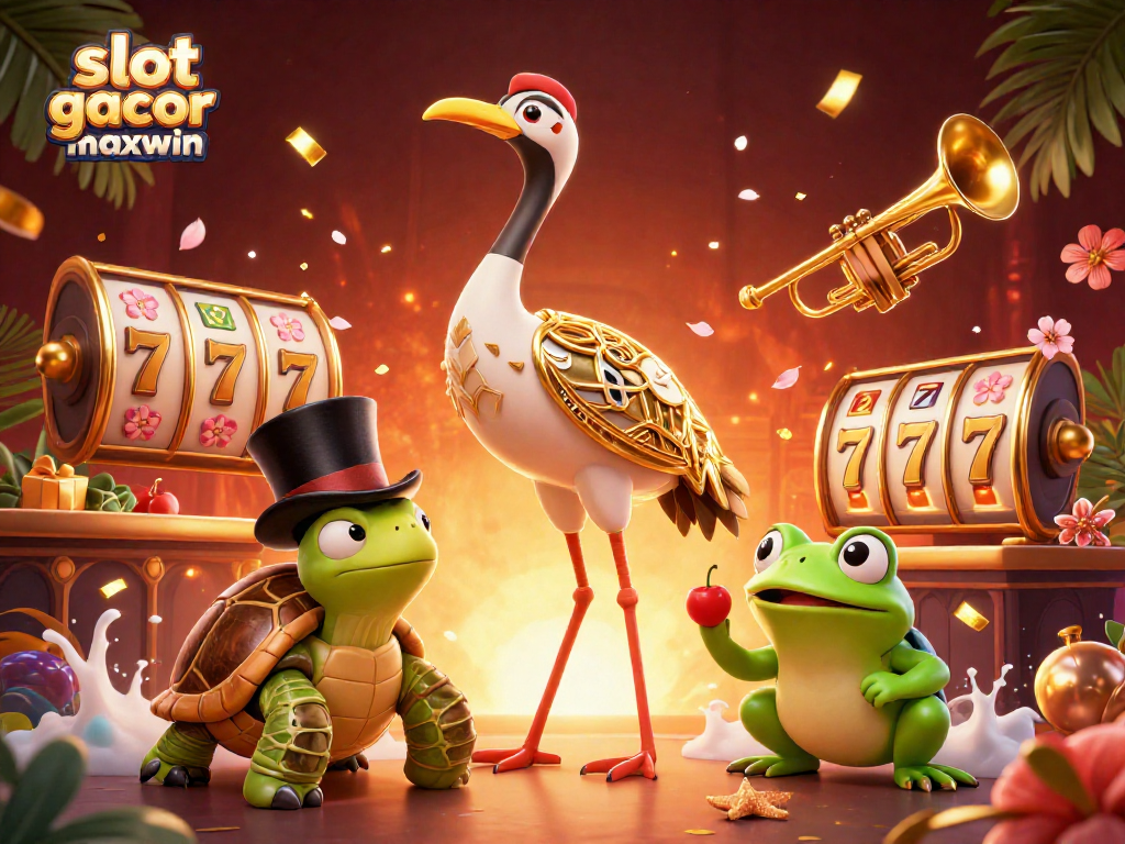 Spin the slot gacor maxwin reels as vibrant characters enjoy a lively casino scene.