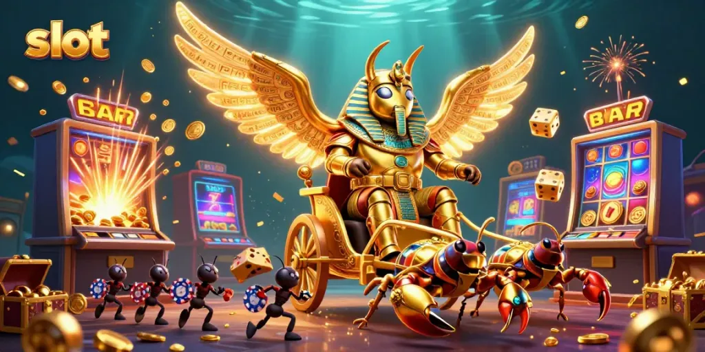 Engaging slot-themed illustration featuring a colossal scarab beetle with gold accents amidst dynamic casino elements.
