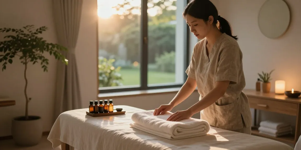Relaxing 강남출장안마 therapy session setup with essential oils and soft lighting in a tranquil spa.