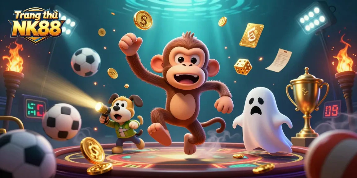 Experience thrilling gaming adventures at Trang chủ NK88 with a lively dog and magical monkey.