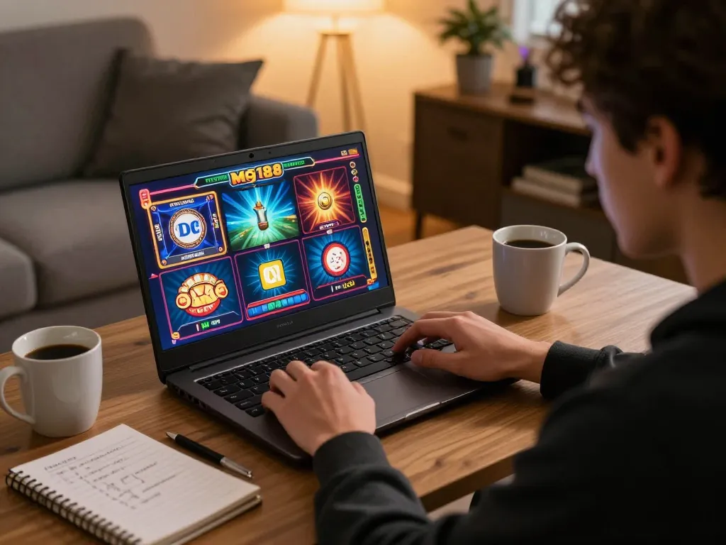 Engaging in mdg188 slo online slot game on a laptop at home, showcasing strategic notes and cozy ambiance.