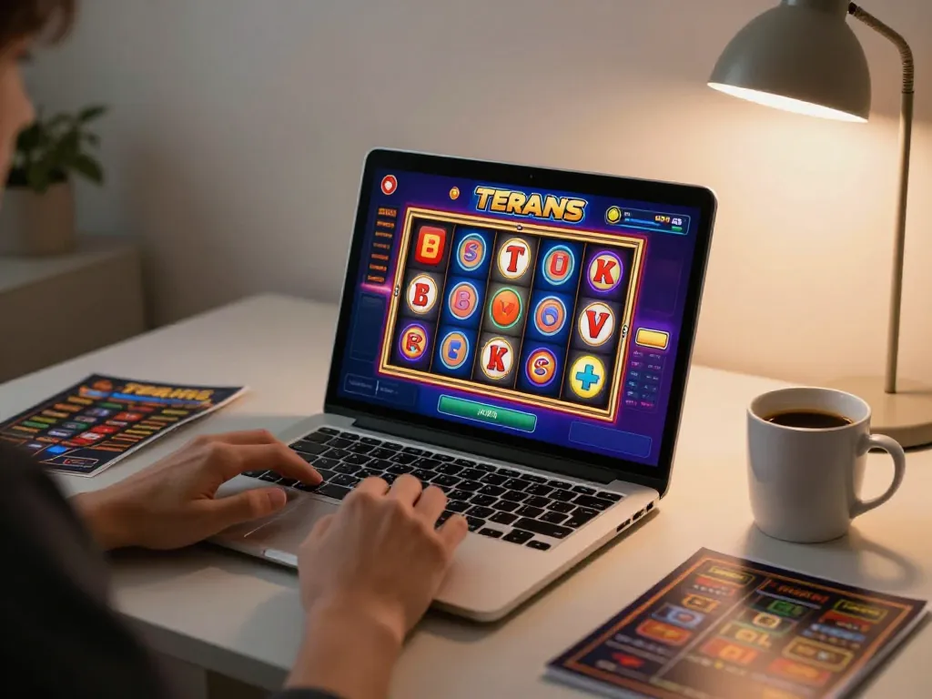 Engaging in online gaming with slot terbaru exhibiting vibrant reels and modern laptop setup.