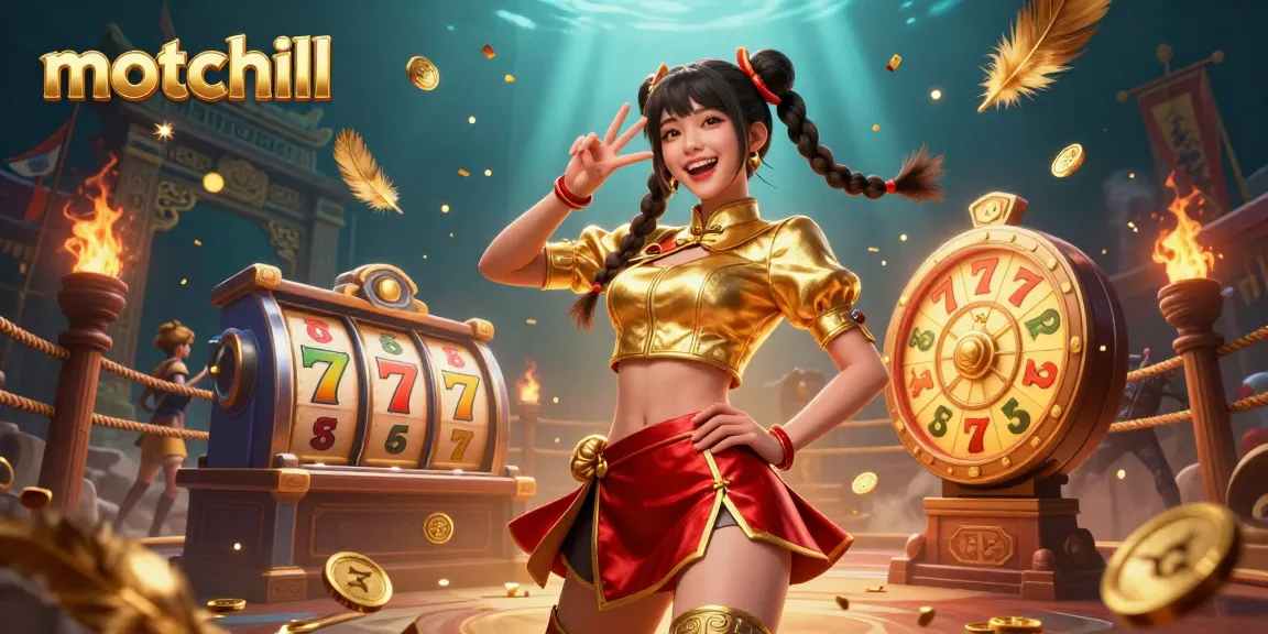 Engage with motchill's vibrant slot experience, highlighted by dynamic characters and colorful casino elements.