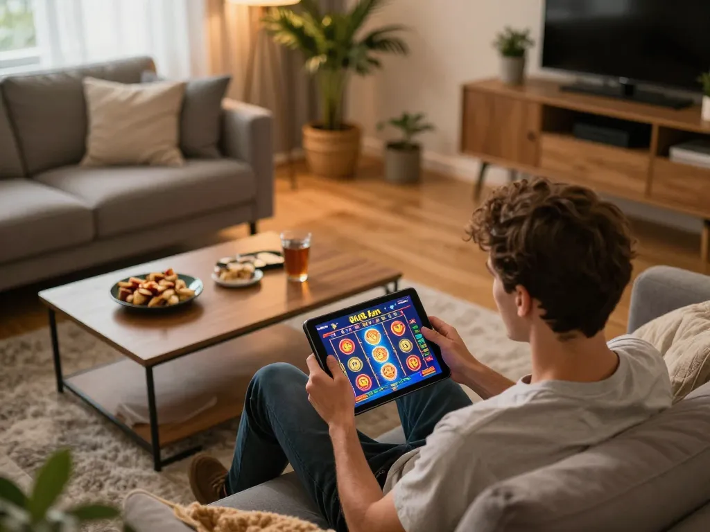 Engaging online gaming experience on 8k8.fan with player using tablet for slot games.