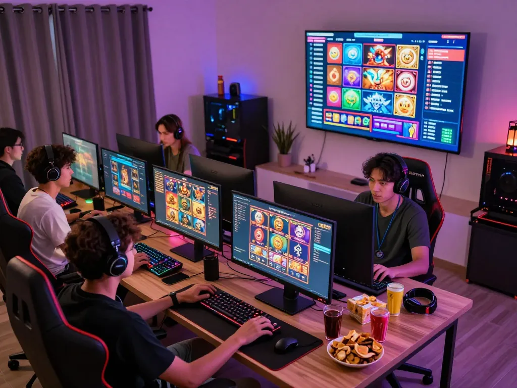 Group of diverse players enjoying online gaming at vegasslot77 with vibrant graphics and cozy setup.
