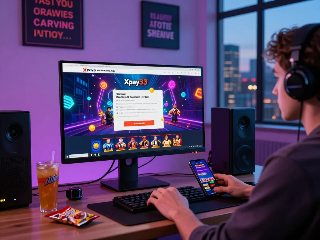 Xpay33 promotion showcased with a user excitedly engaging in online casino games in a modern setup.